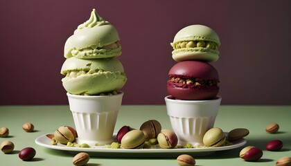 Delicious macarons with pistachio and raspberry flavors in a stylish presentation.