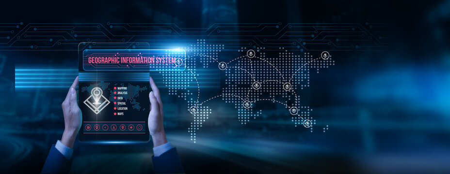 Analyst holding a tablet with geographic information system data on screen mapping analysis spatial insights geolocation monitoring urban planning digital solutions, and environment management.