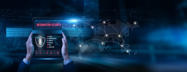 Specialist holding a tablet with information security data on screen threat monitoring risk control...