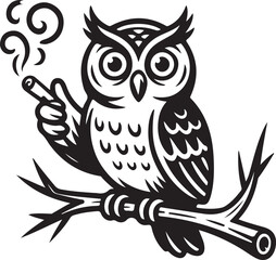 Fototapeta premium Owl Smoking a Cigar on a Branch Keywords: owl, bird, smoking, cigar, branch, tree, perch, night