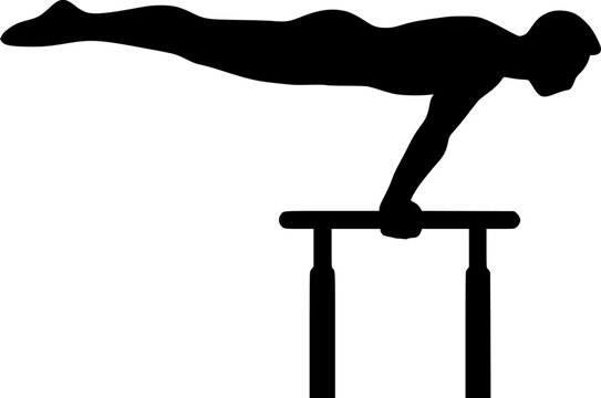 Gymnast Holding Planche on Parallel Bars Silhouette Black and White Vector, Minimalist Sports Illustration