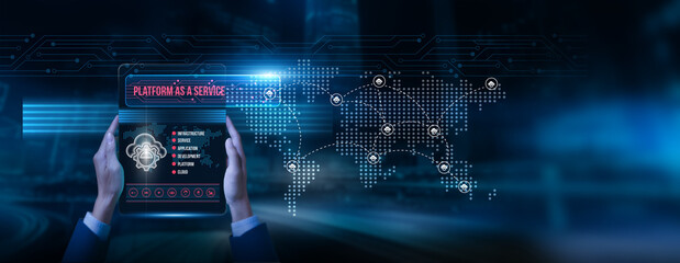 Developer holding a tablet with platform-as-a-service data on screen application deployment scalability infrastructure virtualization digital solutions innovation system integration, and efficiency.