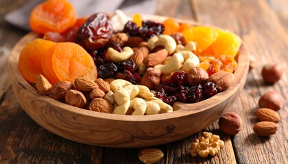 Assorted dried fruits and nuts in a wooden bowl