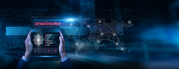 Programmer holding a tablet with software development data on the screen, coding framework...