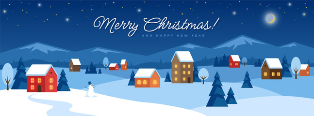 Winter night landscape illustration with countryside houses and mountains. Christmas and New Year vector background.