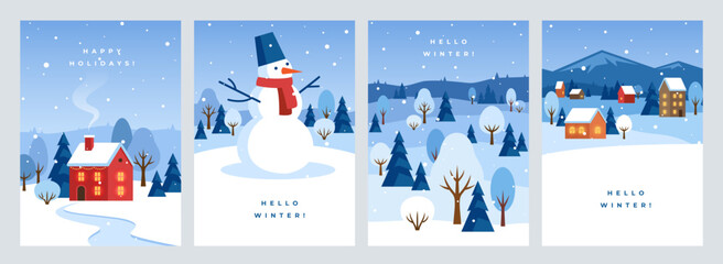 Christmas posters, banners or greeting cards set. Snowy winter illustrations with cute snowman, houses, trees and pines.