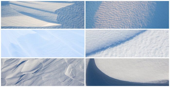 Set of snow textures. Collection of panoramic winter backgrounds with snowy ground. Beautiful wide panoramas with natural textures of clean fresh snow and wind-sculpted patterns on a snowy surface.