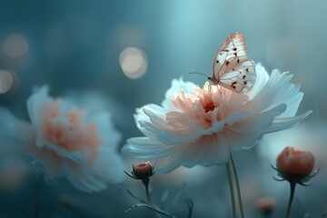 Delicate white butterfly on soft pastel flower, dreamy bokeh light.