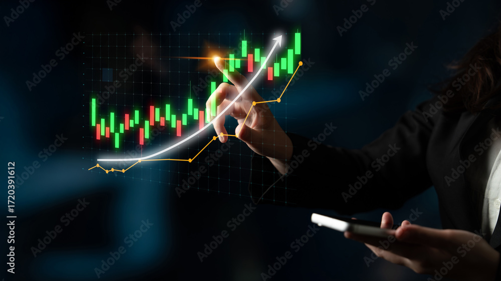 Poster a person analyzes stock market trends using a smartphone while interacting with a digital screen dis