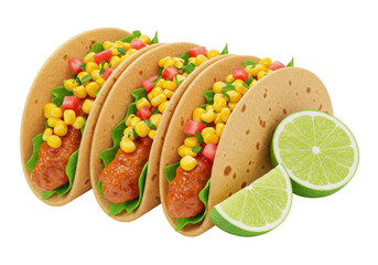 Isolated view of four delicious tacos with limes ready to serve authentic Mexican food