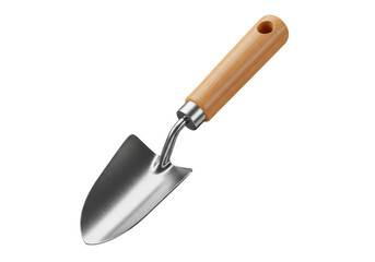 Isolated hand trowel with wooden handle for gardening or planting, garden equipment