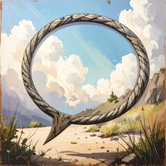 Scenic landscape within a rope-frame thought bubble