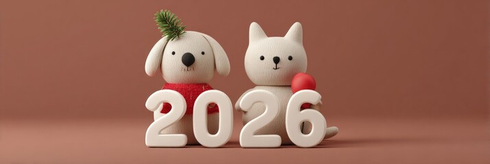 Cute holiday and new year celebration concept, 2026 with cartoon dog and cat plush toys in festive  new year 2026, holiday toys, christmas decor, kids celebration, cute animal illustration