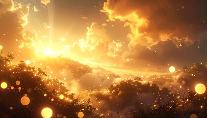 Vivid sunset over a landscape, bathing the scene in golden light, with glowing orbs that create an ethereal look