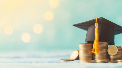 Graduation cap on stacks of coins symbolizing education and finances