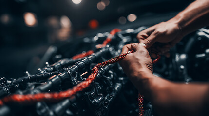 Hands securing a red rope to a chain-link structure in a dimly lit industrial setting