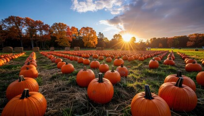 Vibrant autumn pumpkin field at sunrise symbolizing harvest, growth, abundance, and natural harmony with nostalgic timeless balanced warm rustic artistic composition.