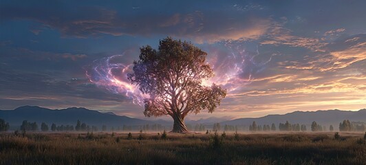 Lone Tree Backlit at Dawn Under Stars