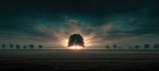Lone Tree Backlit at Dawn Under Stars