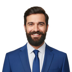 Smiling businessman in a blue suit with a beard and mustache confidently posing