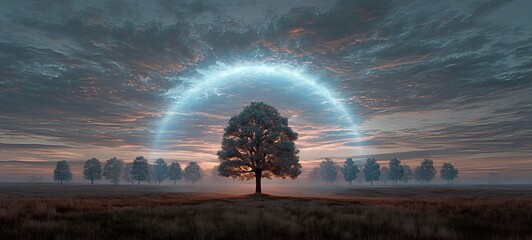 Lone Tree Backlit at Dawn Under Stars