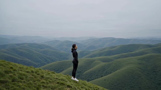 Thoughtful woman enjoys quiet moment in nature on misty morning concept of mindfulness mental clarity introspection overcoming obstacles thoughtful woman alone