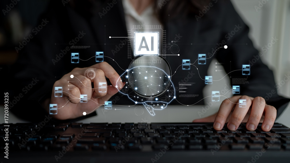 Poster ai neural network and data processing system visualizing artificial intelligence with brain structur
