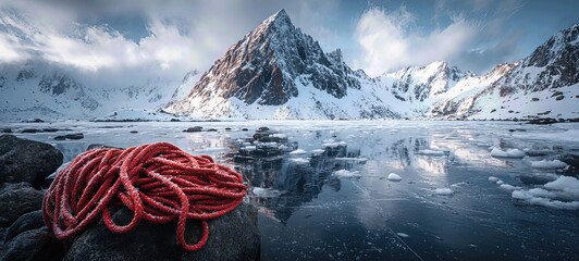 Red Rope by Frozen Lake and Snowy Mountain