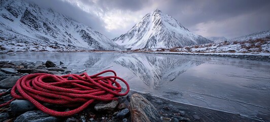Red Rope by Frozen Lake and Snowy Mountain