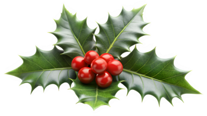 A sprig of holly with bright red berries and green leaves, isolated on a transparent background, symbolizing Christmas and winter holidays
