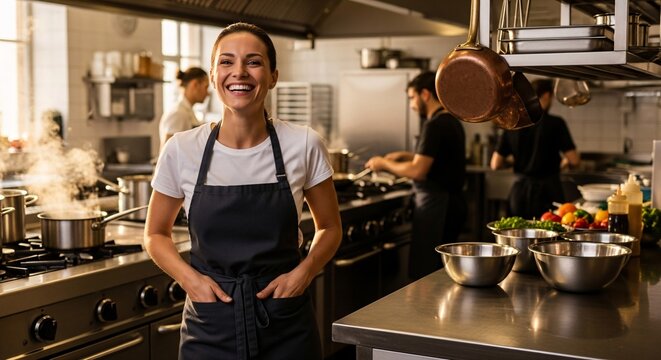 Woman Chef in Commercial Kitchen Smiling with Culinary Team Preparing Meals - Powered by Adobe