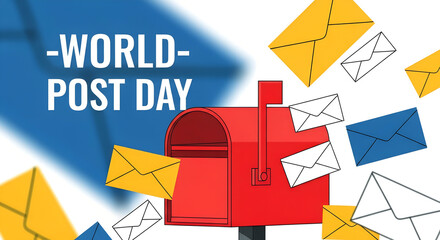 World post day with red mailbox and envelopes isolated on white background