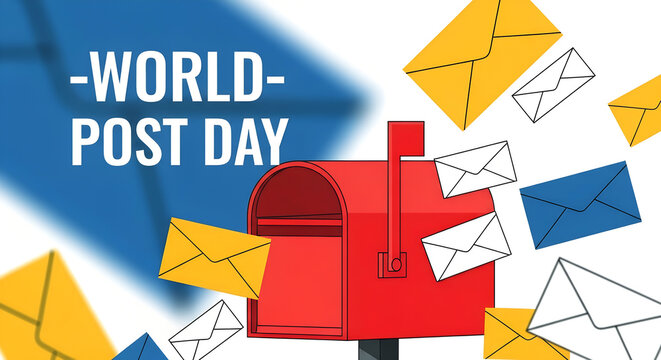 World post day with red mailbox and envelopes isolated on white background