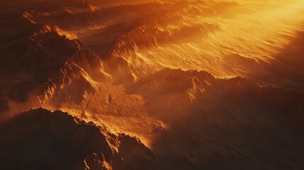 Golden Hour Mountain Range: Aerial View of Sunset Landscape