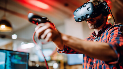 Man using virtual reality headset and controller in a modern workspace