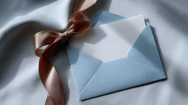 Blue envelope with blank white card inside, tied with brown ribbon, placed on soft, light blue fabric background. Top view - Powered by Adobe