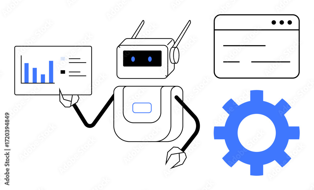 Poster robot holding chart with data, web window, and gear. ideal for ai, automation, tech, innovation, dat