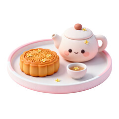 3D rendered Mid-Autumn Festival tea set with mooncakes and teapot placed on a traditional tea tray