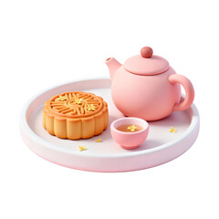 3D rendered Mid-Autumn Festival tea set with mooncakes and teapot placed on a traditional tea tray