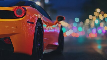 Bright orange sports car parked at night with colorful city lights blurred