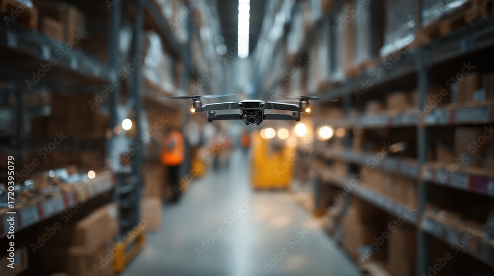 Poster drone in medium shot flies down an aisle focusing on item details while surrounding shelves and work