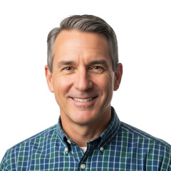 Smiling man with graying hair wearing plaid shirt portrait headshot
