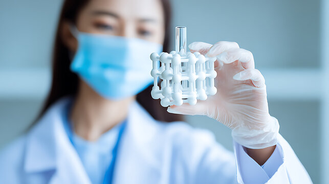 Scientist holding a molecular model in a laboratory setting