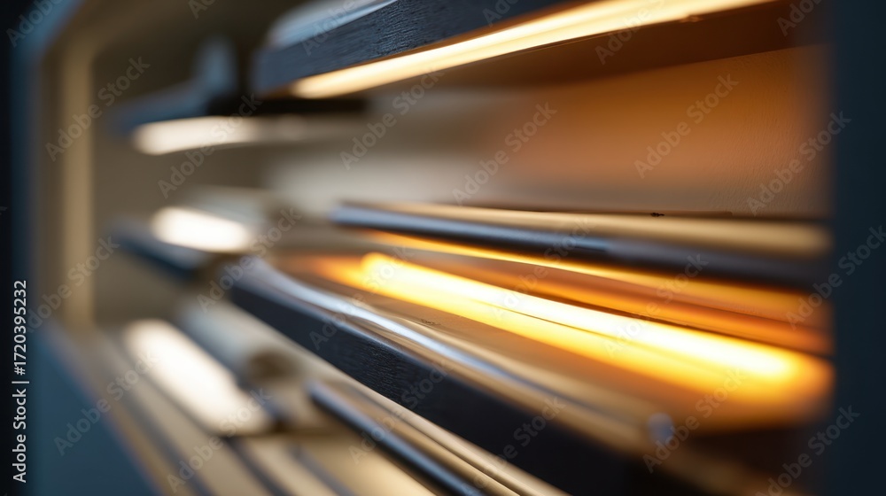 Poster closeup on the led strip lighting inside a mixedmaterial display cabinet focusing on the glowing lig