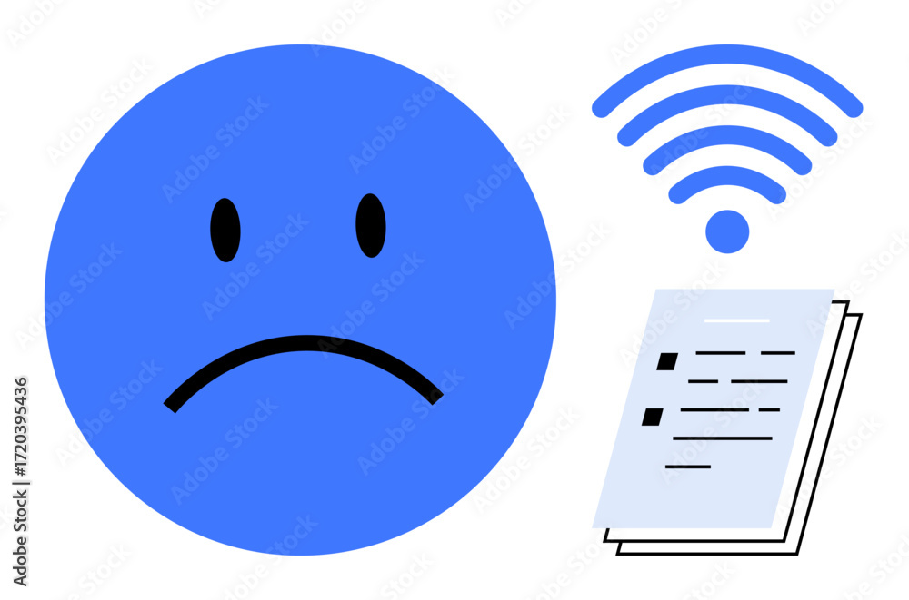 Poster blue sad face next to wireless signal icon and stacked documents conveying frustration with poor int