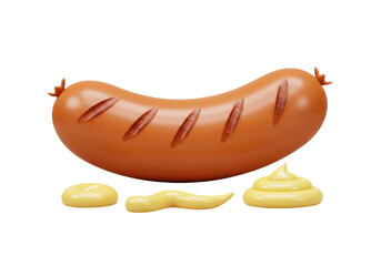 Isolated grilled sausage with mustard, 3d render, meat ingredient for hotdog or sandwich