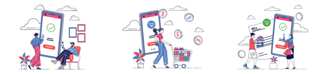 Three illustrations of online shopping and payment