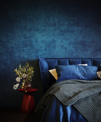 Blue bedroom. Modern interior design of bedroom. 3D Rendering, 3D Illustration