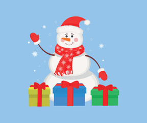 Illustration of a snowman with gifts on the background of a snowy landscape. The concept of winter holidays and Christmas celebrations. Vector illustration
