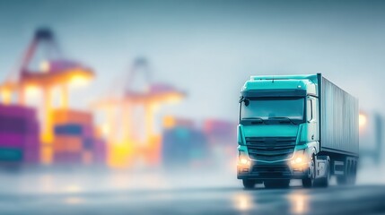 Truck transporting cargo through a foggy shipping port at dawn